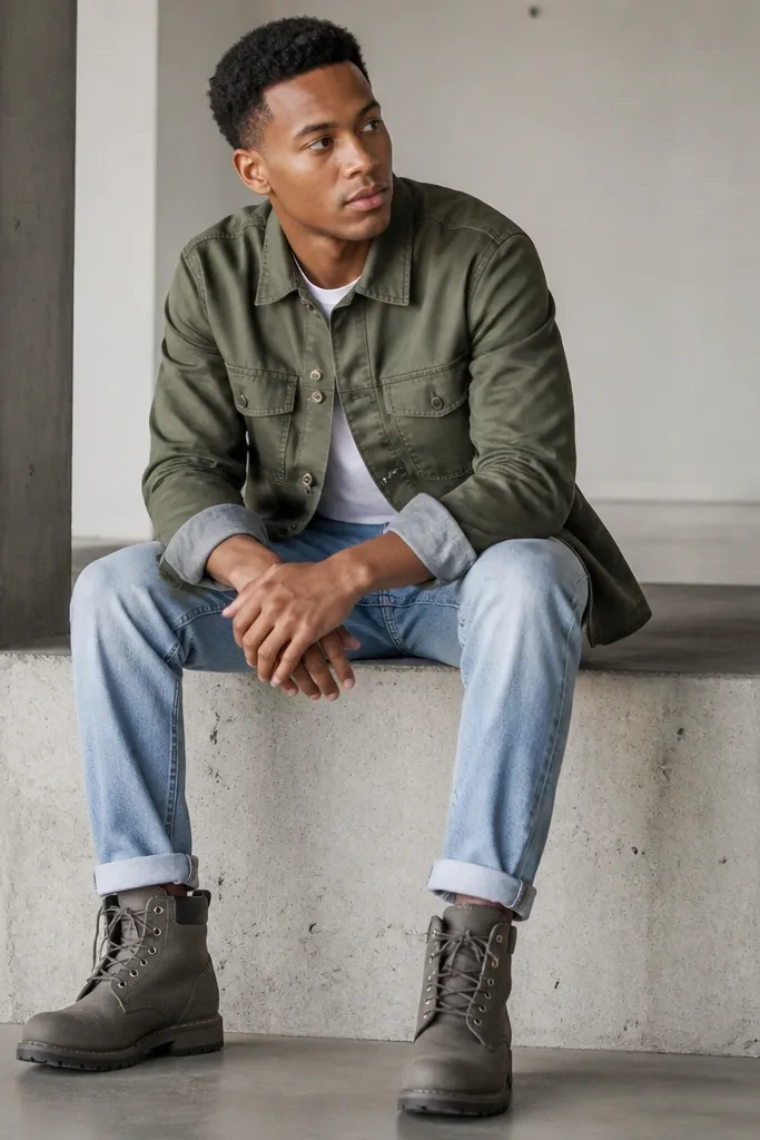 Grey Timberland boots with light wash jeans that have rolled cuffs, plus an olive green overshirt. The overshirt is buttoned halfway and the cuffs show the denim texture.