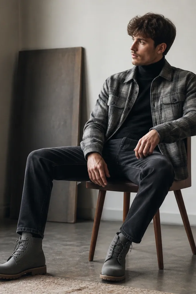 A black fitted turtleneck under a grey plaid overshirt, worn with straight dark jeans and grey Timberland boots. The plaid pattern is visible at the chest and shoulders.