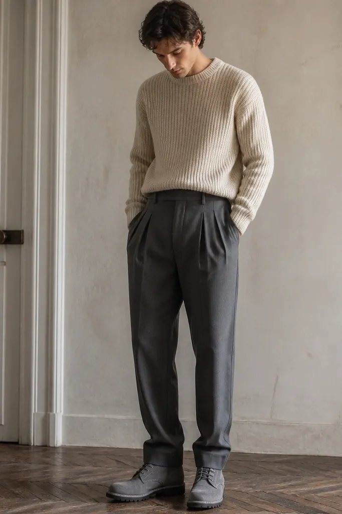 Grey Timberland boots with a cream knit sweater tucked into charcoal pleated trousers. The trousers break slightly over the boot, showing a relaxed but polished silhouette.