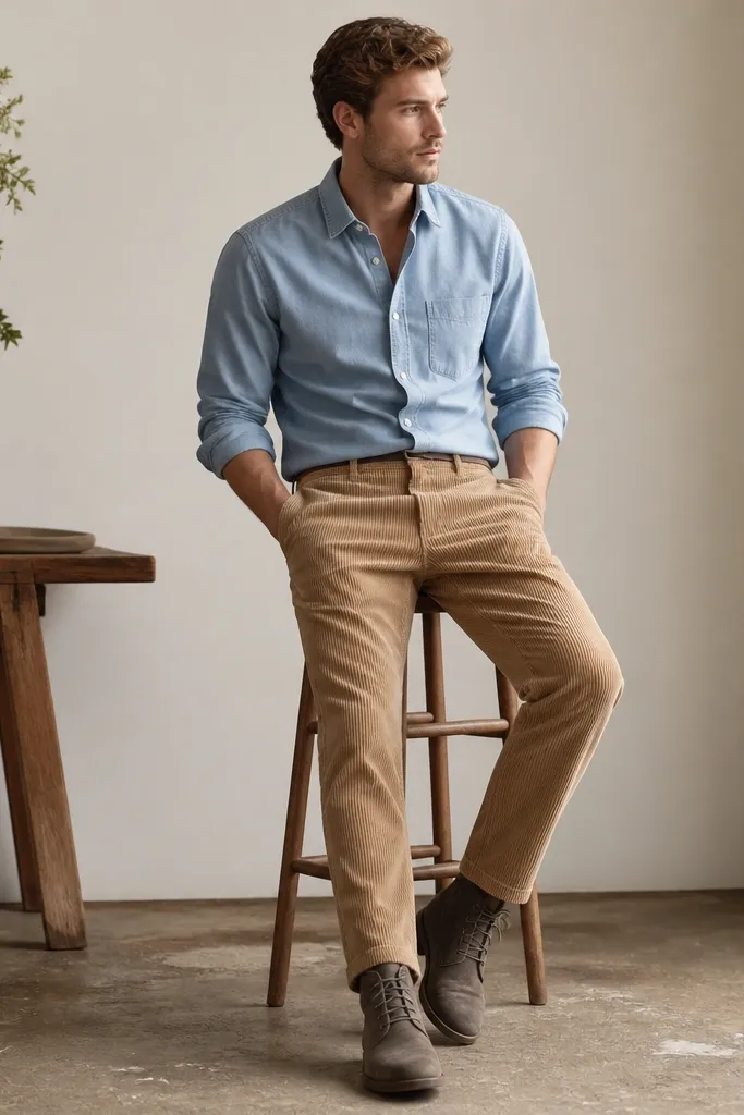 Grey boots worn with tan corduroy pants and a light blue chambray button-up. The corduroy has visible ridges and the shirt is lightly tucked.