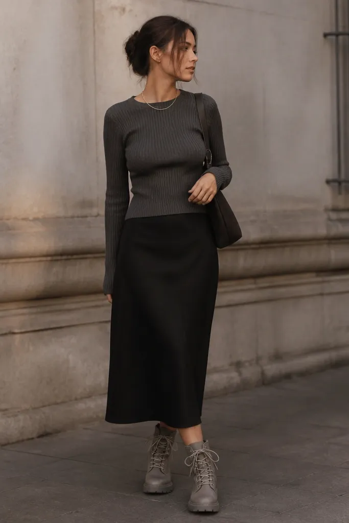 Grey Timberland boots paired with a black midi skirt and a fitted ribbed knit top. The skirt hem lands around mid-calf, creating a clean stack over the boot.
