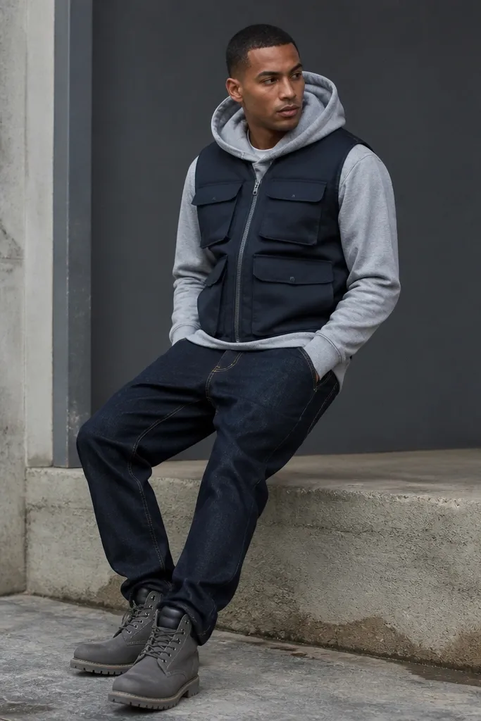 Grey Timberland boots with a navy utility vest over a hoodie and dark denim jeans. The vest has pockets and a clean front zipper, and the hoodie hem peeks out.