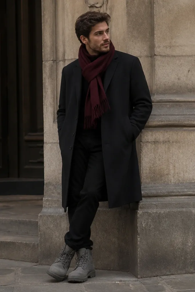 Grey Timberland boots worn with a long black coat and black pants. A burgundy scarf wraps around the neck, adding a visible color accent near the chest.