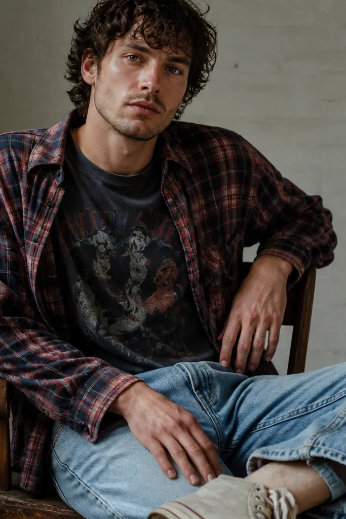 A close-to-mid shot of a man wearing a faded red and navy plaid flannel over a worn graphic band tee, with light-wash straight jeans and scuffed sneakers.