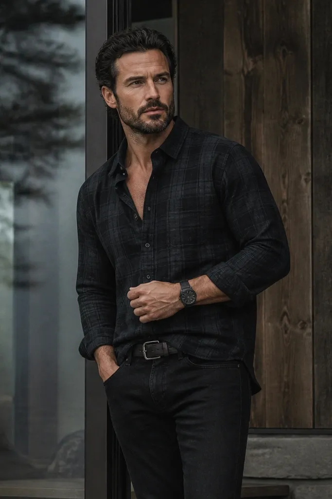 A man wearing a black-on-black plaid flannel buttoned halfway, showing a dark leather belt, black tapered jeans, and a matte black watch; the outfit looks sleek but rugged.
