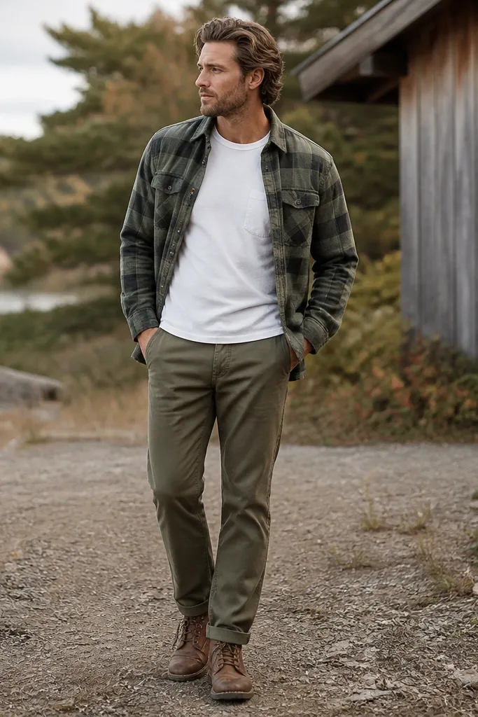 A man outdoors wearing a green plaid flannel worn open over a white pocket tee, paired with olive workwear chinos and brown lace-up boots.