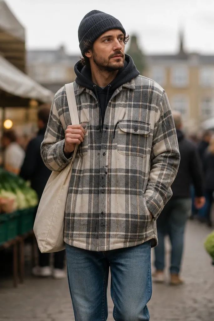 A man wearing a plaid flannel overshirt as a top layer, a knit beanie, and a hint of hoodie underneath; he has mid-wash jeans and looks like he’s headed to a street market.