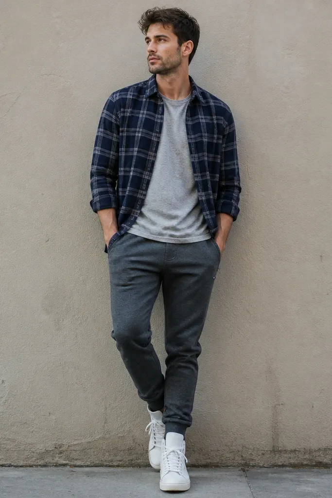 A man wearing navy plaid flannel open over a gray heather tee, with dark gray joggers and white high-top sneakers; the look is casual and street-ready.