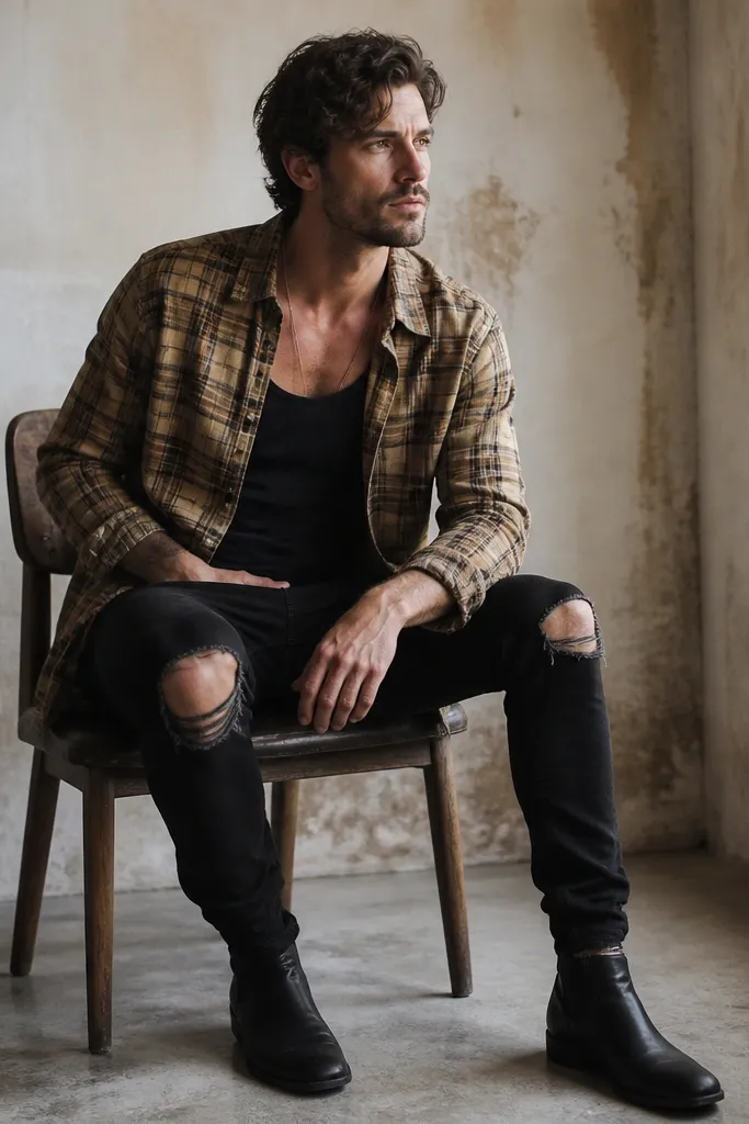 A man wearing a tan plaid flannel worn open, a black tank underneath, distressed black jeans with visible rips at the knees, and black boots.