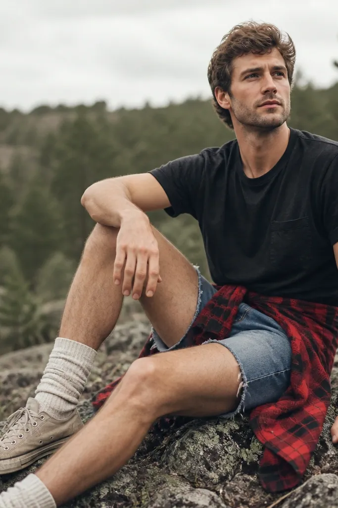 A man in a red and black plaid flannel tied at the waist over a dark tee, wearing denim cut-offs and tall thermal socks with worn sneakers.
