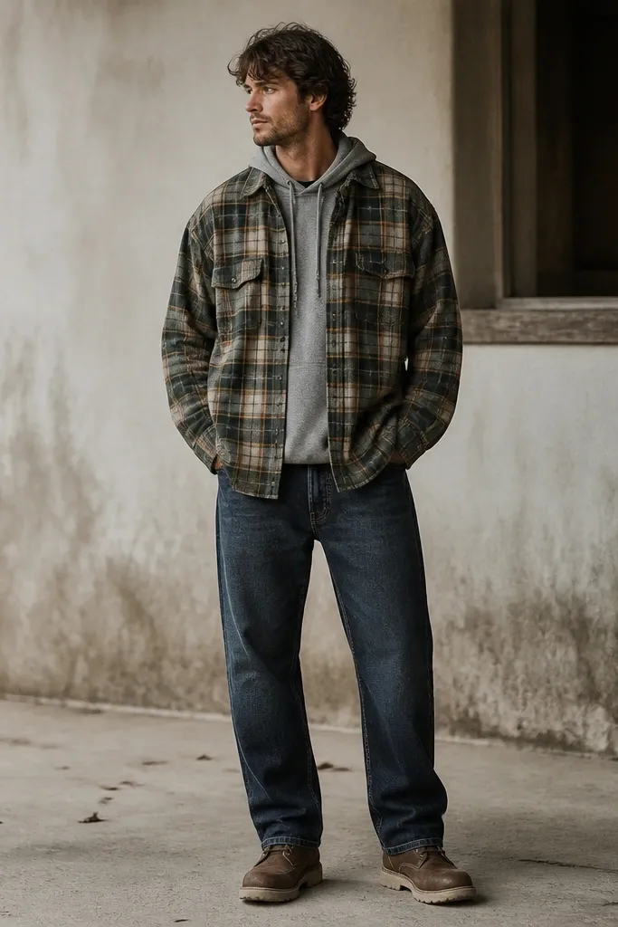 A man wearing a plaid flannel over a hoodie (hood visible), with straight-leg work jeans and rugged shoes; the flannel is slightly oversized with a casual drape.