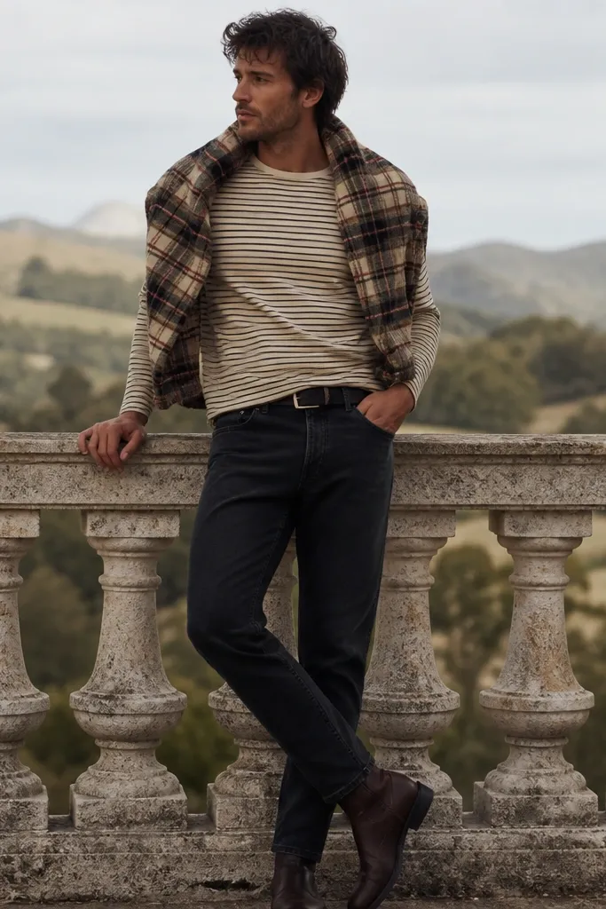 A man wearing a striped tee with an oversized flannel draped over his shoulders like a scarf, paired with dark jeans and boots; the plaid frames the shoulders.
