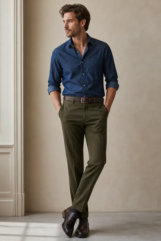 A model wearing a navy chambray shirt (unbuttoned top button), dark olive trousers, a dark brown leather belt, and dark brown lace-up shoes; the blazer is omitted for a lighter semi-formal feel.