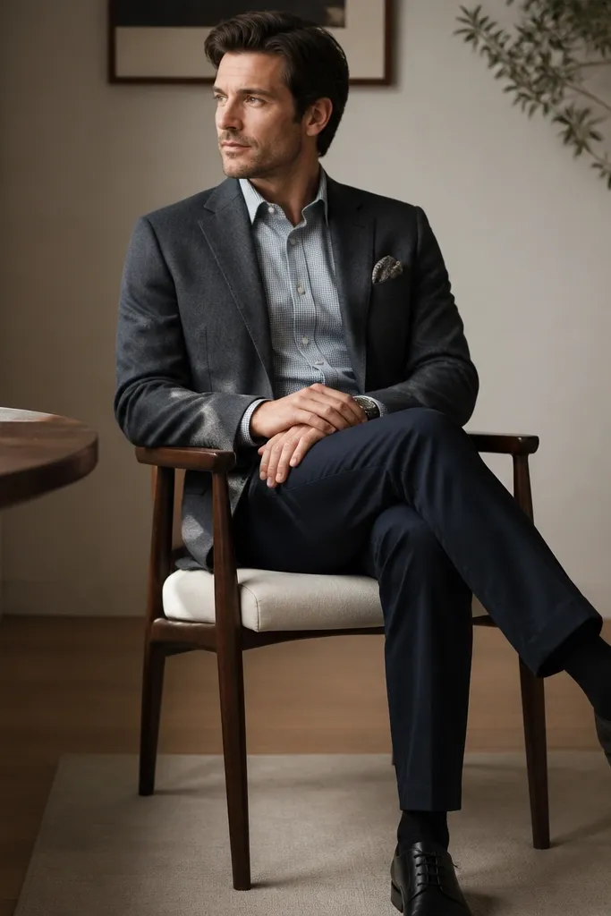 A semi-formal look featuring a micro-check button-down, charcoal blazer, navy trousers, and black leather shoes; a subtle patterned pocket square is folded neatly.