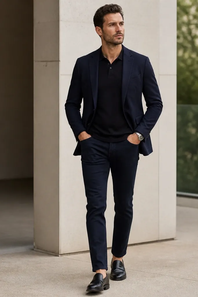 A tailored black polo under a navy blazer with slim dark jeans and dark leather loafers; the polo collar sits flat and the shirt is smooth at the waistband.