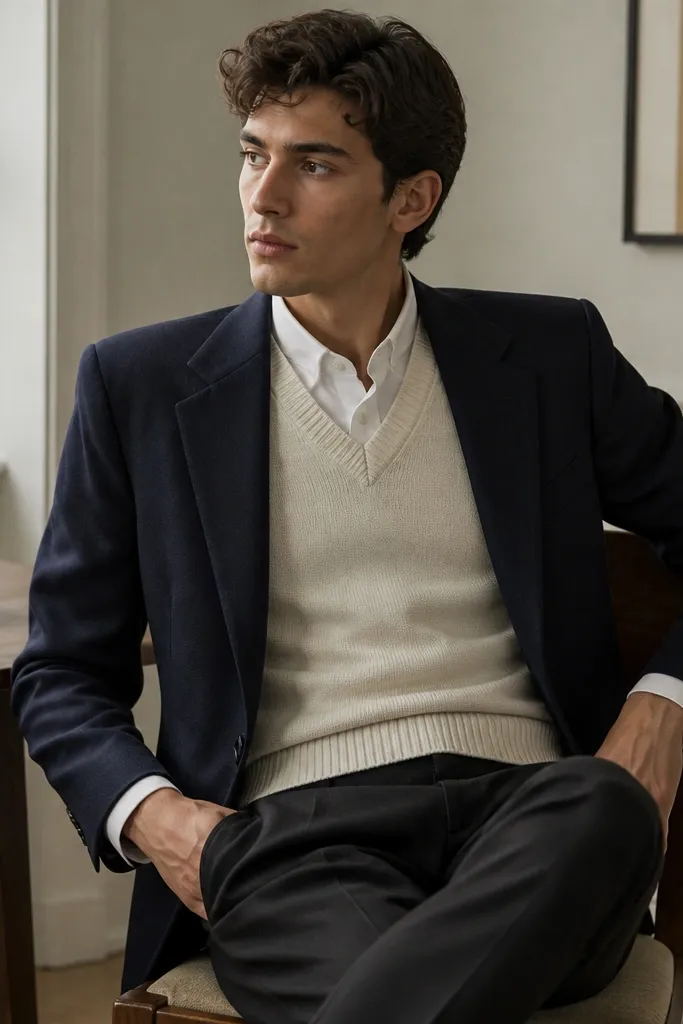 A layered outfit showing a cream sweater vest over a white button-down, finished with a navy blazer and dark trousers; the neckline is crisp and the vest fits snugly.