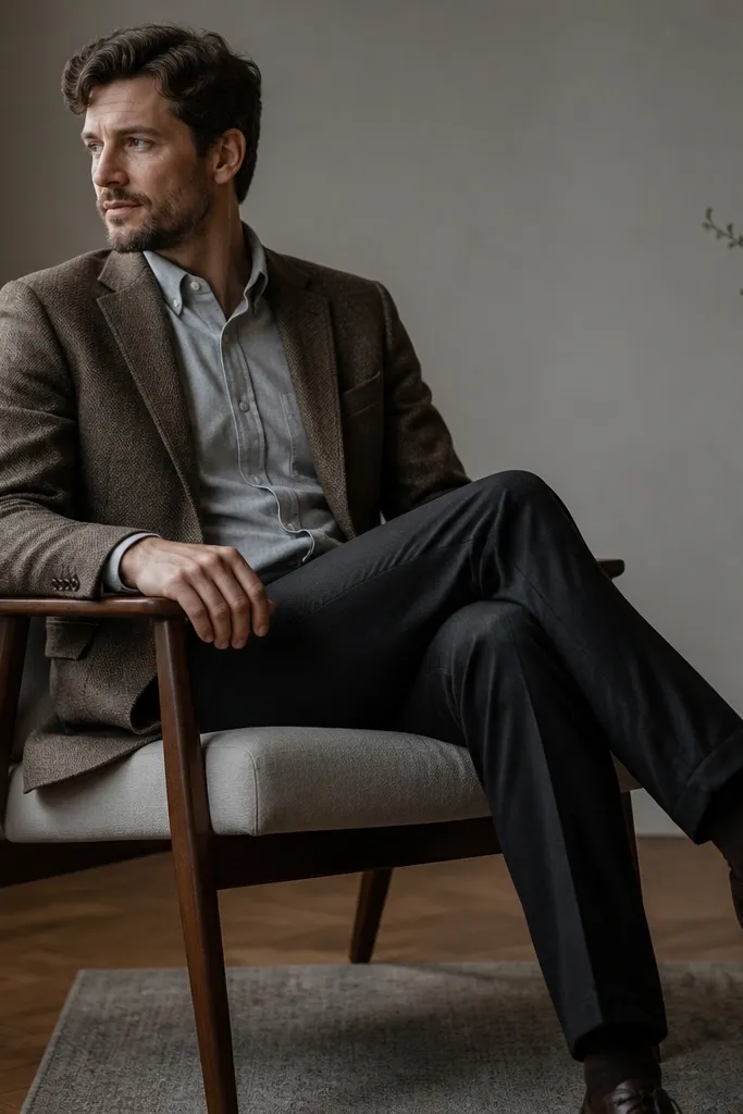 A man wearing a light gray flannel button-down under a brown sport coat, paired with dark trousers and dark brown oxford shoes; the texture of the flannel is visible.