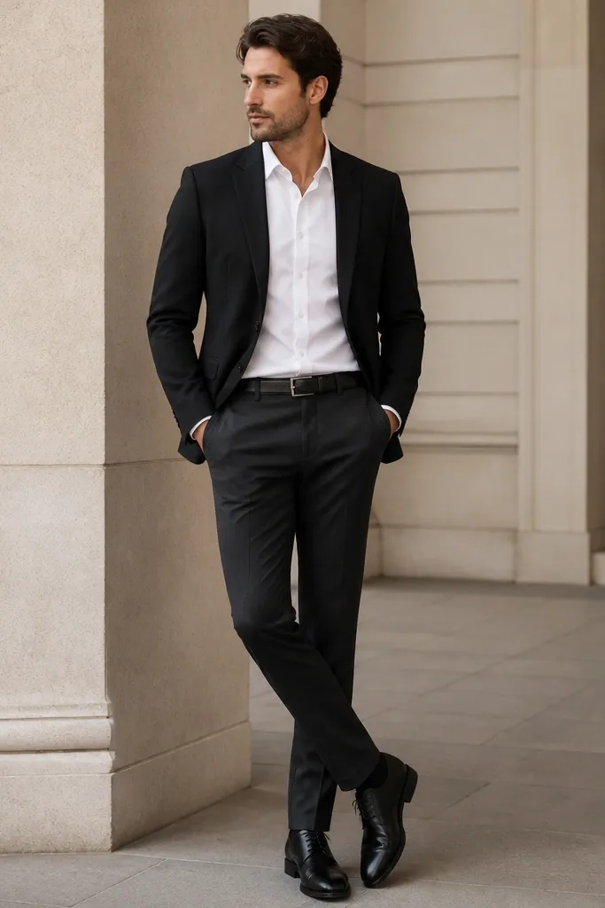 A sharp two-tone outfit with a white button-down, black blazer, dark charcoal trousers, and black leather shoes; the belt matches the blazer/shoes.