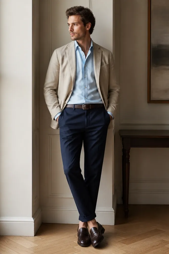 A model wearing a soft, unstructured blazer with a neatly pressed shirt and navy chinos; dark loafers and a simple belt are shown clearly.