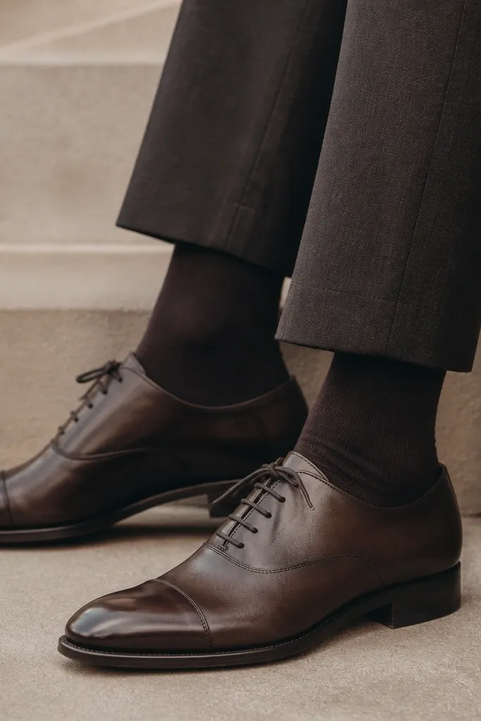 Close-up photo of a man’s legs showing dark socks matching the color of his leather shoes, with tailored trousers ending with a clean break.