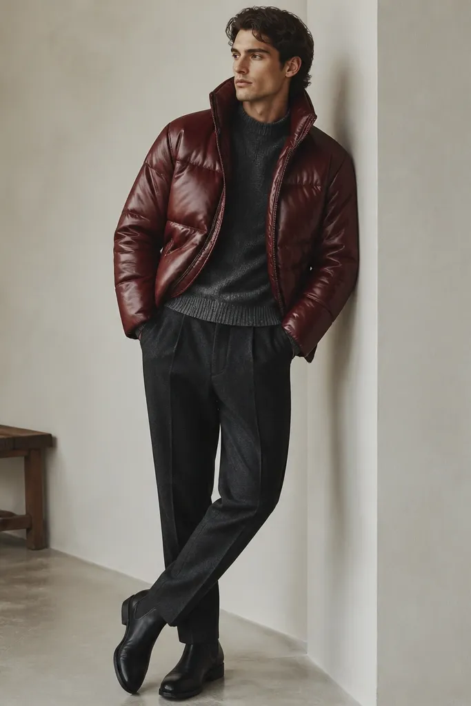 A deep oxblood leather puffer jacket layered over a dark gray sweater, worn with charcoal wool trousers and black Chelsea boots.