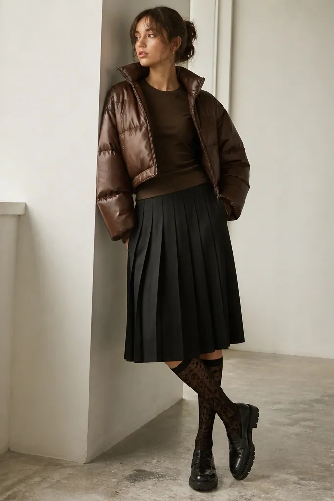 A cropped brown leather puffer jacket over a fitted top, paired with a black pleated midi skirt and patterned knee-high socks, finished with chunky loafers.