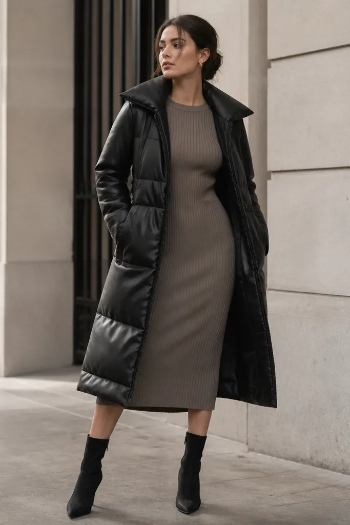 A long black leather puffer jacket worn open over a fitted ribbed midi dress, with pointed-toe ankle boots and minimal gold earrings.