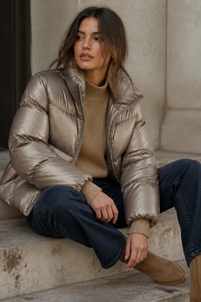 A silver-taupe leather puffer jacket with a slightly metallic sheen layered over a camel knit sweater, styled with dark wash jeans and tan boots.