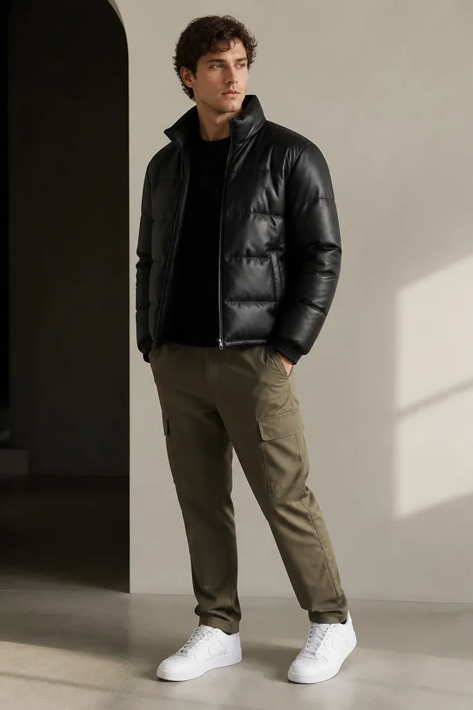 A matte black leather puffer jacket over a black base layer, paired with olive utility pants and clean white sneakers.