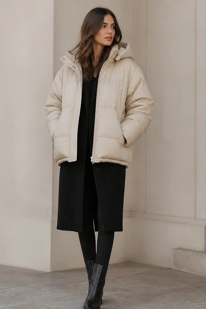 A cream leather puffer jacket layered over a longline black cardigan and black leggings, finished with sleek black boots.