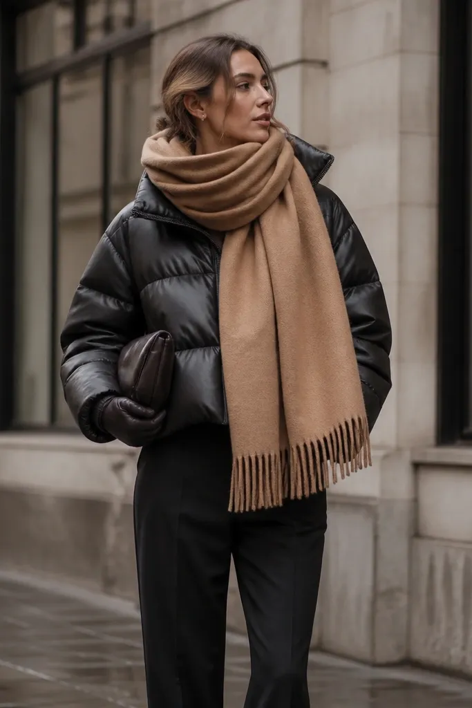 A black leather puffer jacket with a camel oversized scarf, paired with black tailored trousers and dark leather gloves, photographed in a city setting.