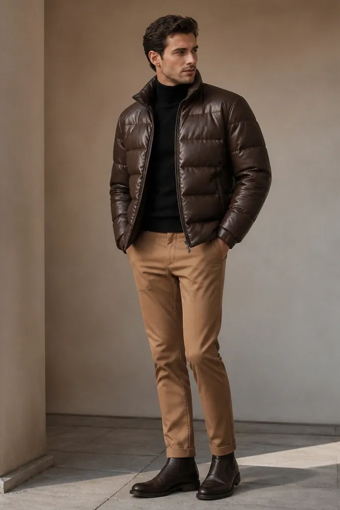 A chocolate brown leather puffer jacket over a black turtleneck, paired with camel chinos and dark brown leather boots.