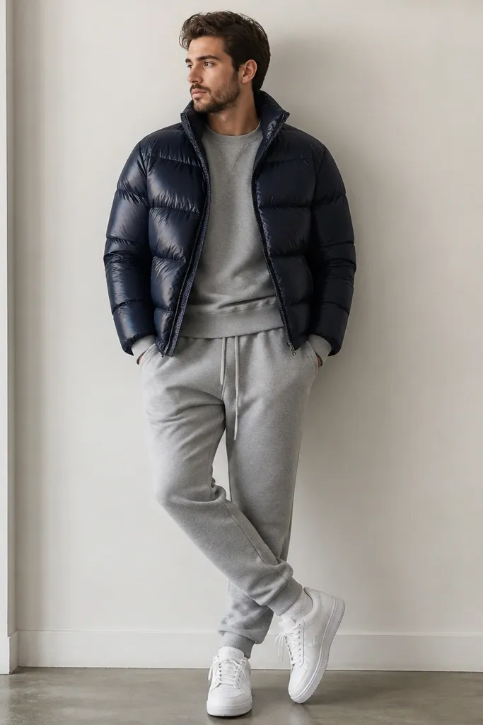 A navy leather puffer jacket layered over a heather gray sweat set, with matching gray joggers and white sneakers.