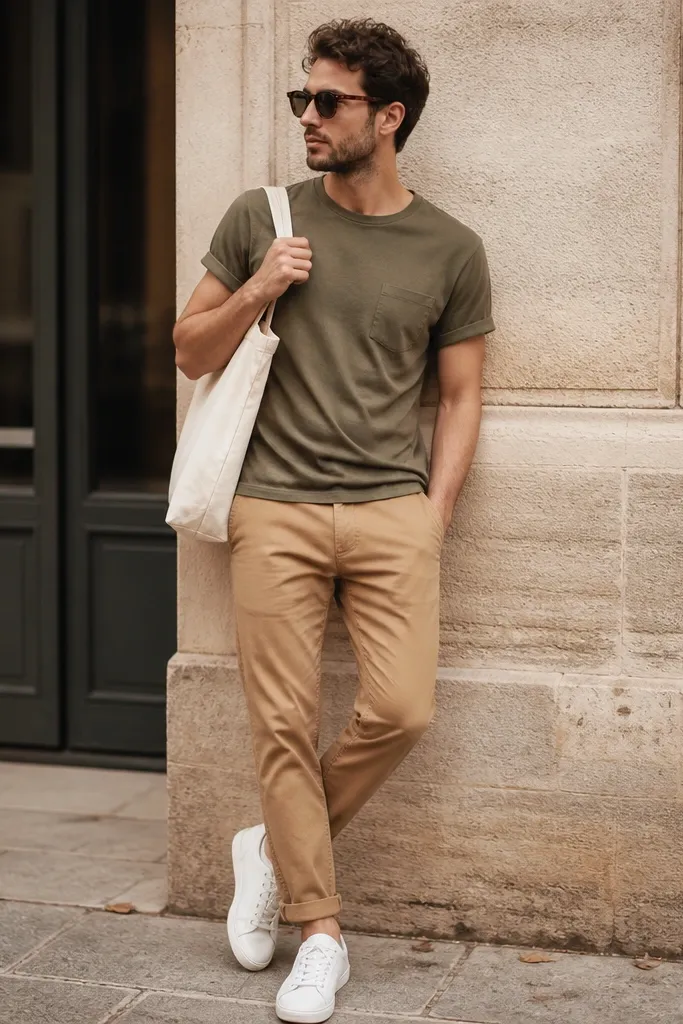 A casual street-style outfit: light brown pants with a relaxed olive green T-shirt, cuffed at the ankle, paired with clean white sneakers; sunglasses and a canvas tote are visible.