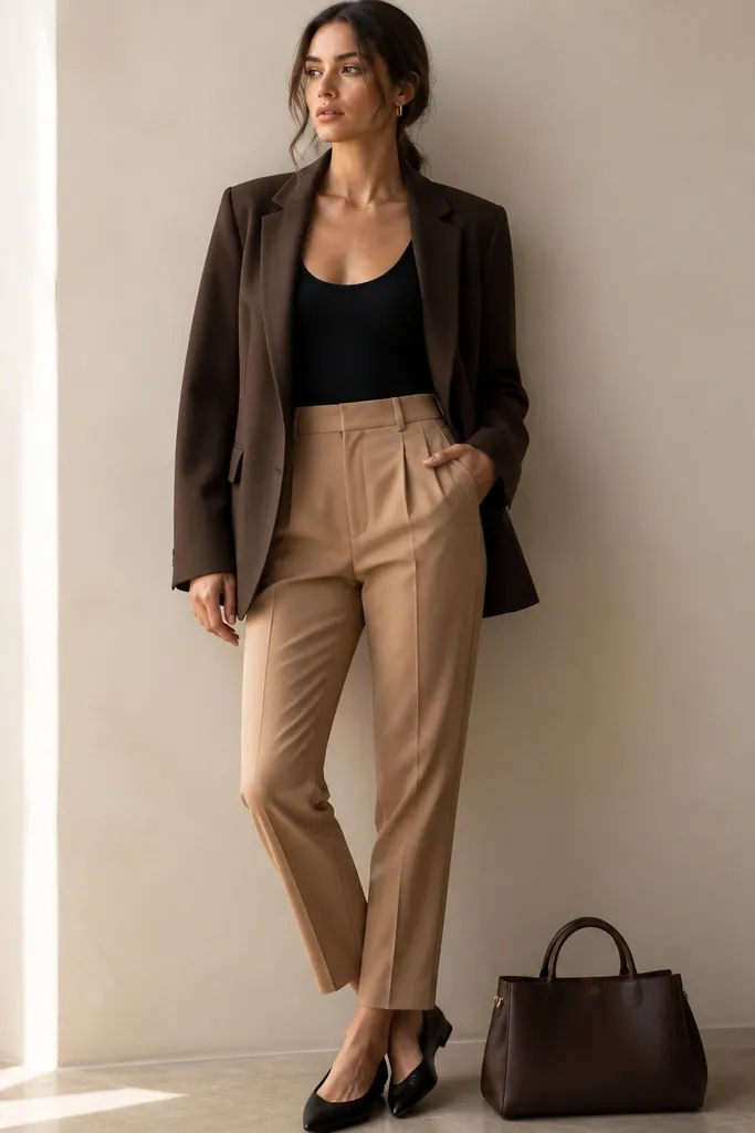 A tailored outfit showing light brown pants styled with a fitted black bodysuit and an espresso-brown blazer; black pointed-toe flats and a structured handbag sit at the bottom frame.