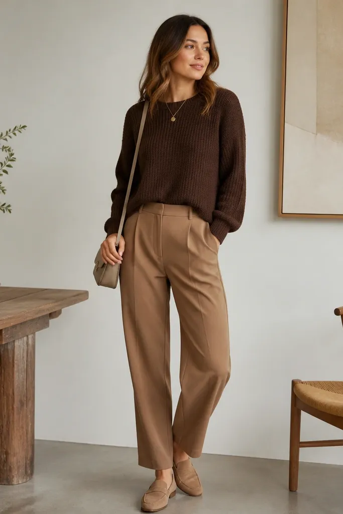 Light brown pants paired with a chocolate-brown knit sweater and soft tan loafers; small gold necklace and a minimalist crossbody bag are shown.