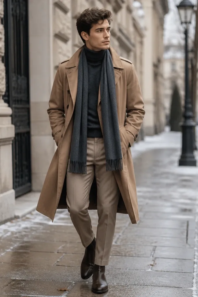 A winter-leaning outfit: light brown pants worn with a charcoal turtleneck sweater and a camel trench coat; ankle boots and a long scarf are visible.
