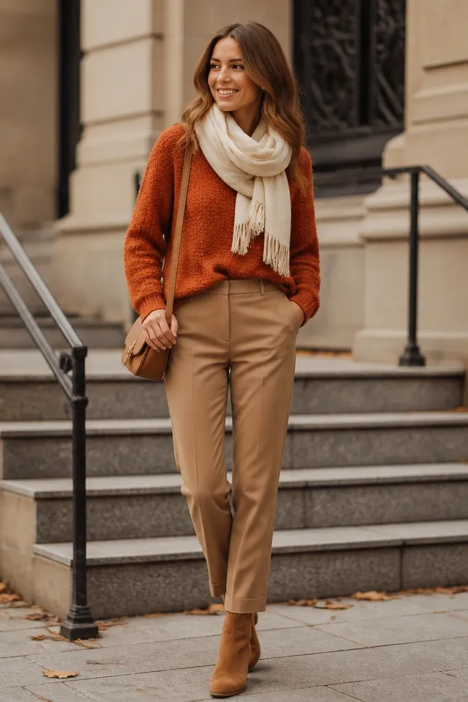 Light brown pants paired with a rust orange sweater and tan suede ankle booties; a cream scarf and small shoulder bag complete the look.