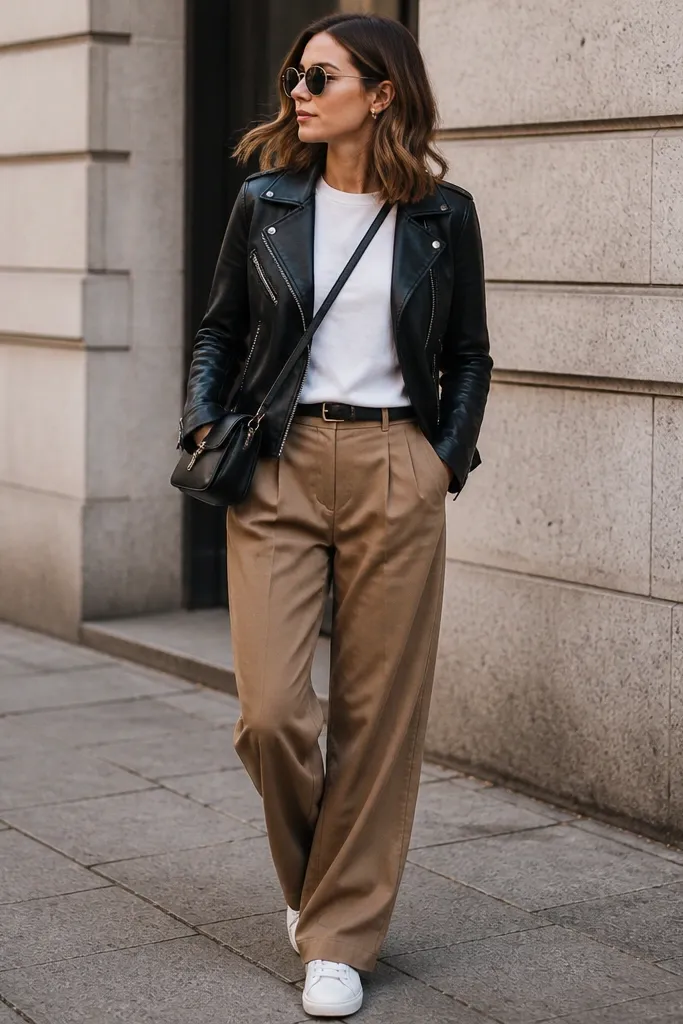 Street-style look: light brown pants with a white crewneck tee and a black leather moto jacket; white sneakers and a crossbody bag are visible.
