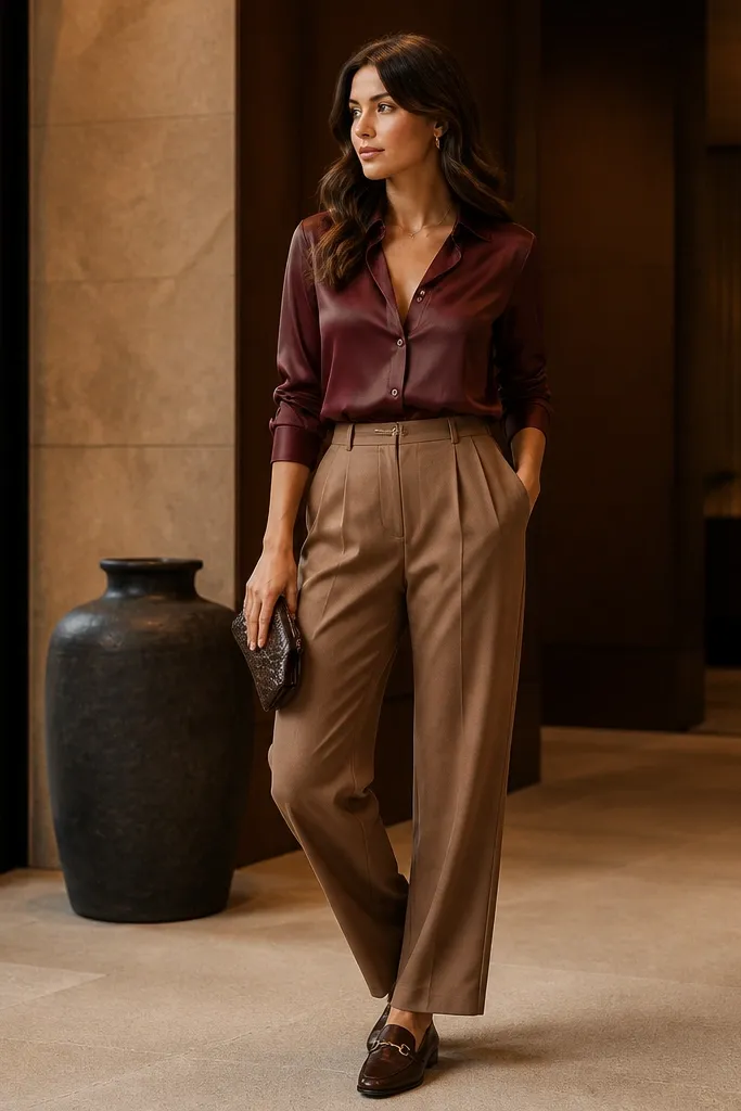 An evening outfit: light brown pants paired with a burgundy satin or silky button-up tucked in; dark brown loafers and a small clutch bag appear in the frame.