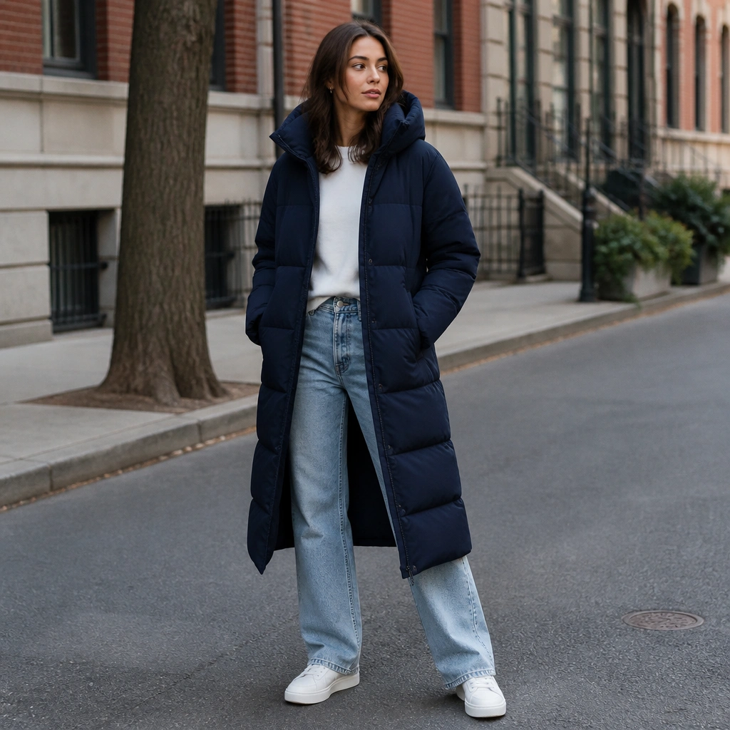 A deep navy long puffer over light wash straight-leg jeans, with a white crewneck and clean white sneakers; the photo shows a city street background.