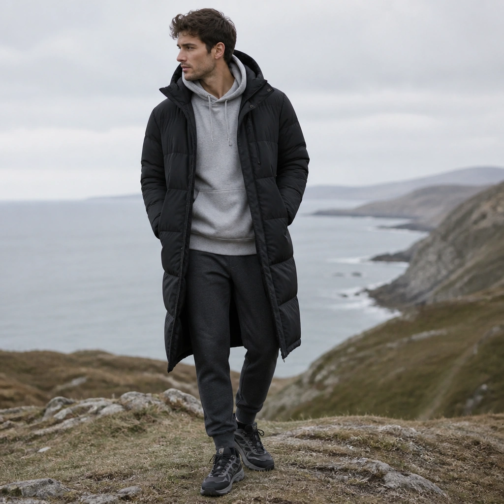 A black long puffer worn over a heather gray hoodie and charcoal joggers, finished with black-and-gray trail sneakers; the scene is outdoors with overcast light.