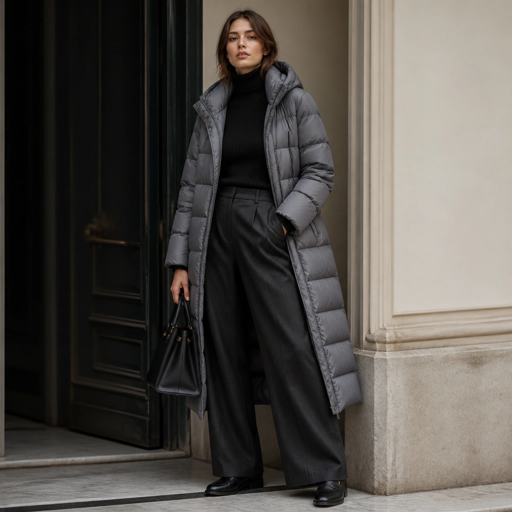 A steel gray long puffer over a black ribbed turtleneck and wide-leg wool trousers; the outfit includes black loafers and a structured handbag.