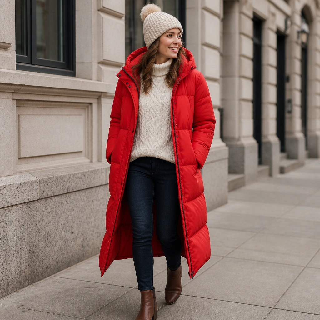 A bright red long puffer layered over a cream cable-knit sweater and dark skinny jeans; the look includes brown ankle boots and a beanie.