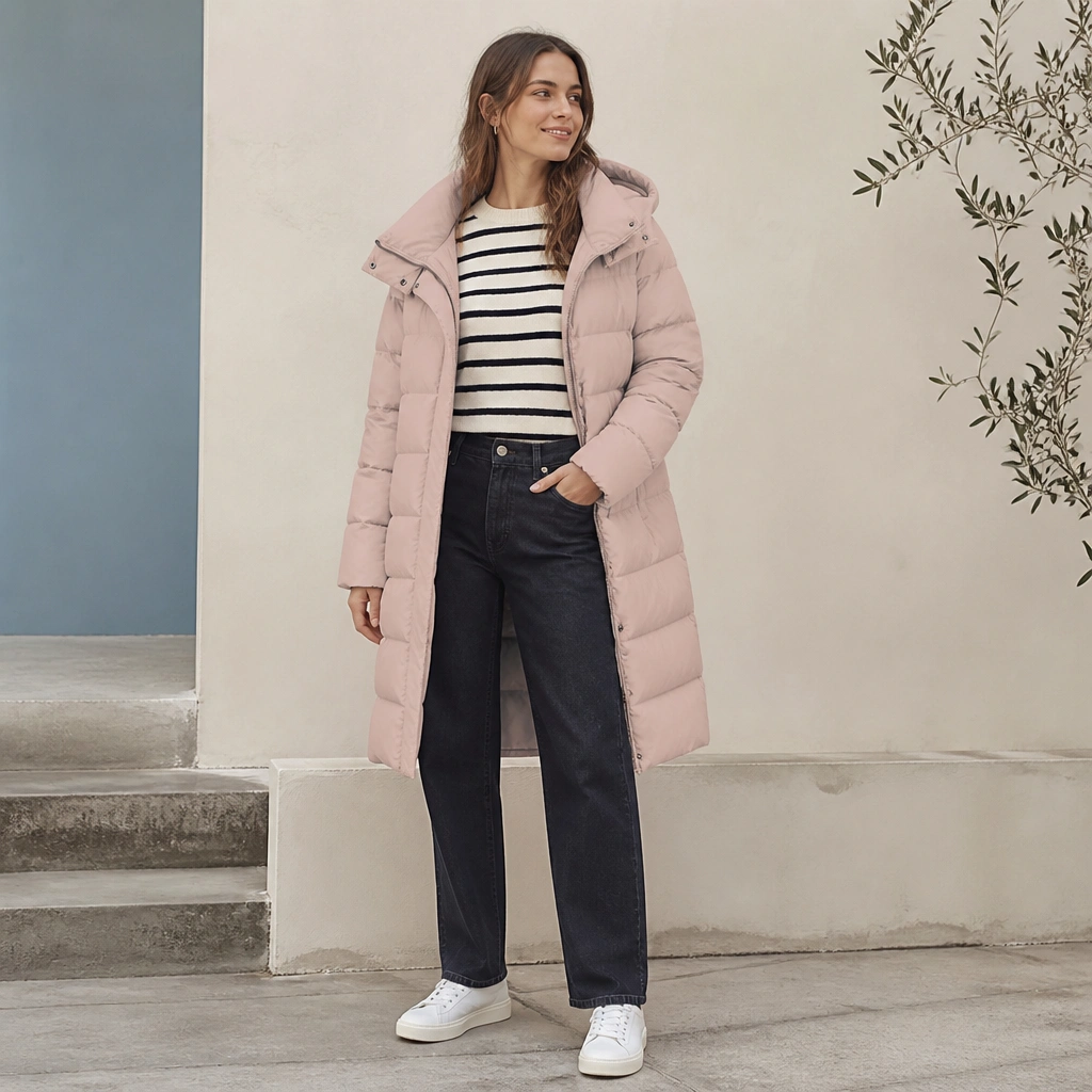 A blush or powder-blue long puffer worn over a black-and-white striped long-sleeve top; paired with dark straight jeans and white sneakers.