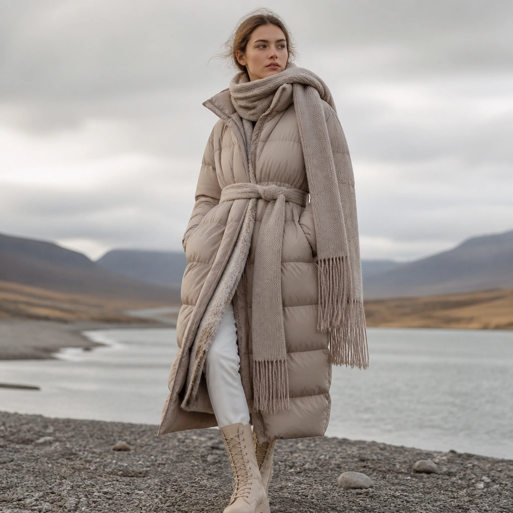 A long puffer with a scarf wrapped around the waist like a belt, plus a long scarf draped at the neck; the outfit shows a layered texture effect with boots.