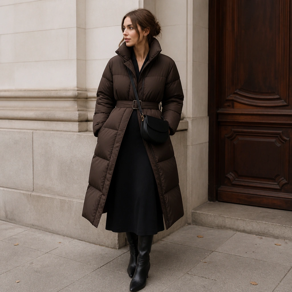 A chocolate brown long puffer over a black midi skirt, cinched with a leather belt; the look includes tall black boots and a minimal crossbody bag.