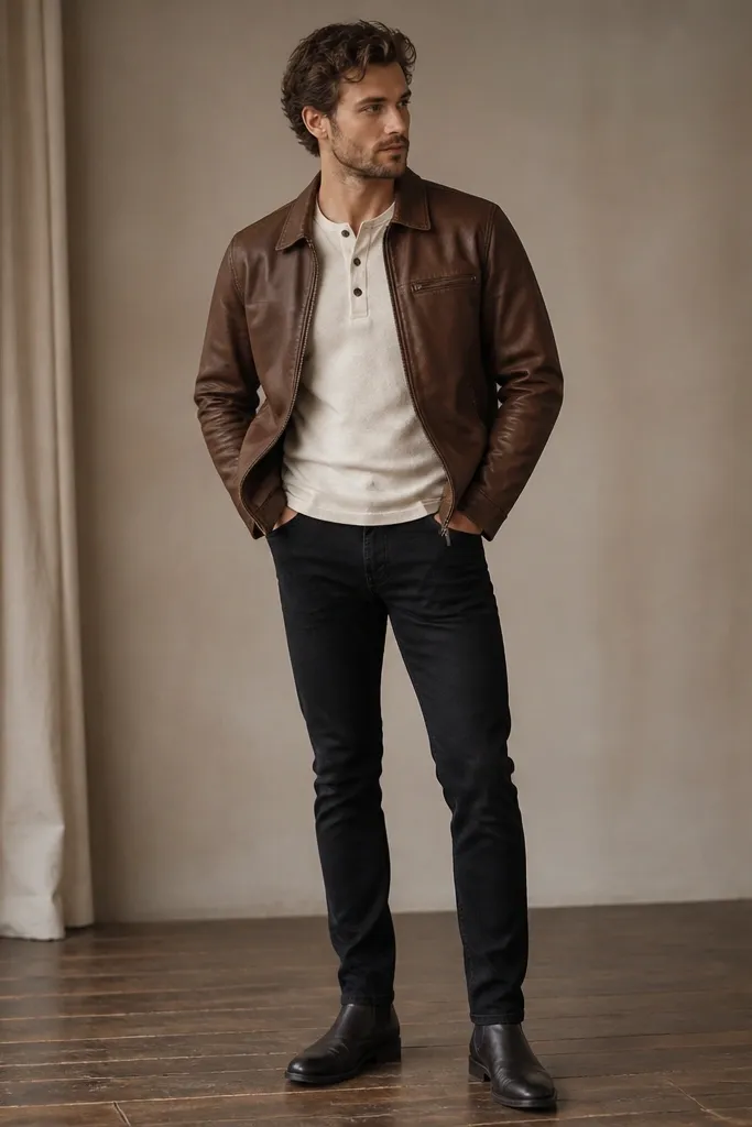 A brown leather jacket layered over a cream henley with three buttons visible, paired with black jeans and dark Chelsea boots; the photo shows the boots and hemline clearly.