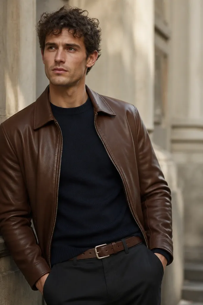 A brown leather jacket over a navy crewneck sweater, with charcoal chinos and a matching brown leather belt; the waistband and belt buckle are visible.