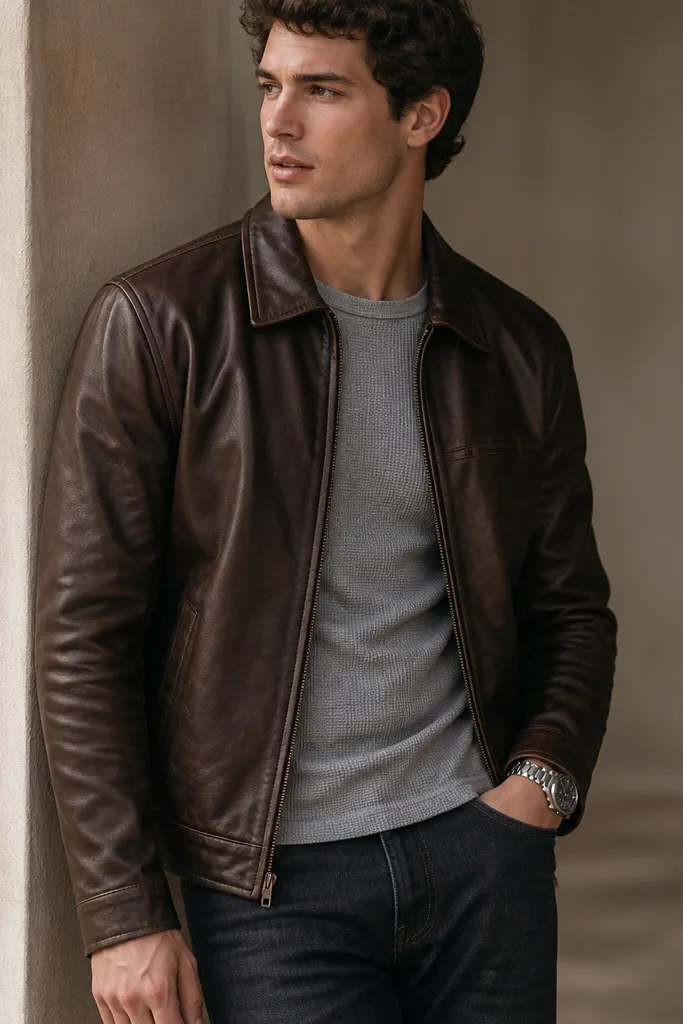 A brown leather jacket over a grey waffle-texture tee, paired with straight dark jeans; a simple metal watch is visible on the wrist in the frame.